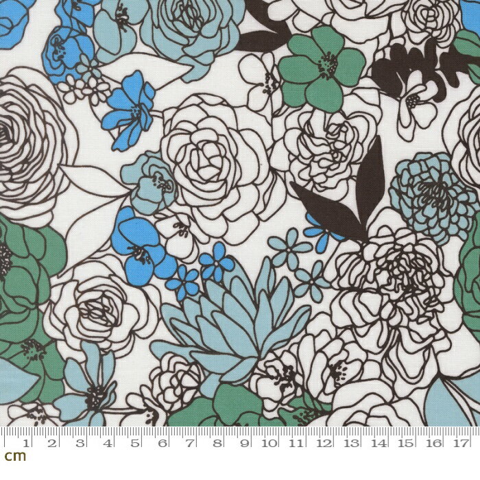Rakuten - 【Moda-k モダ】True To Hue-11560-41(3A-07) 植物柄 花柄 ボタニカル 線画 ホワイト系 ブラック系 ブルー系 グリーン系 かわいい シーチング 110cm幅 パッチワーク ハンドメイド【10cm単位販売】