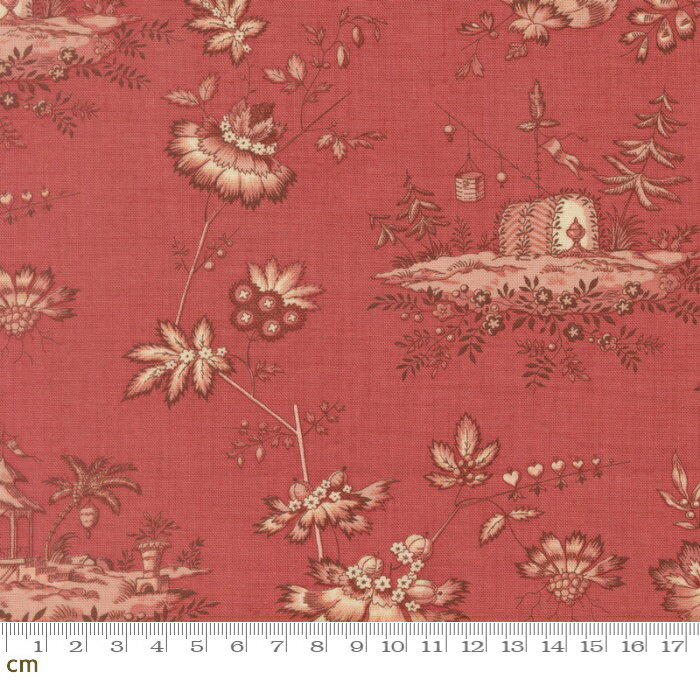 【French General】Fleur De Paris-13992-16(3A-05) 植物柄 花柄 リーフ柄 草花 レッド系 アンティーク かわいい シーチング 110cm幅 パッチワーク ハンドメイド【10cm単位販売】