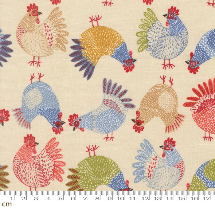 樂天商城 - 【Moda-k モダ】 The Henhouse-48433-11(3A-07) 鳥柄 にわとり 鶏 カラフル ベージュ系 かわいい シーチング 110cm幅 パッチワーク ハンドメイド【10cm単位販売】