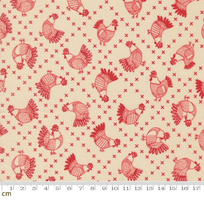 Rakuten - 【Moda-k モダ】 The Henhouse-48434-11(3A-07) 鳥柄 にわとり 鶏 クロス柄 ベージュ系 レッド系 かわいい シーチング 110cm幅 パッチワーク ハンドメイド【10cm単位販売】