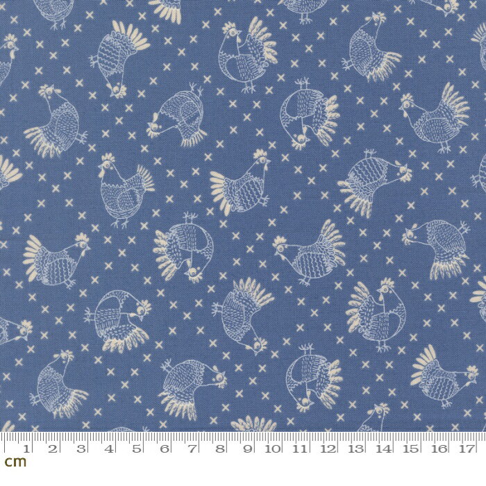 Rakuten - 【Moda-k モダ】 The Henhouse-48434-19(3A-07) 鳥柄 にわとり 鶏 クロス柄 ブルー系 デニムブルー かわいい シーチング 110cm幅 パッチワーク ハンドメイド【10cm単位販売】
