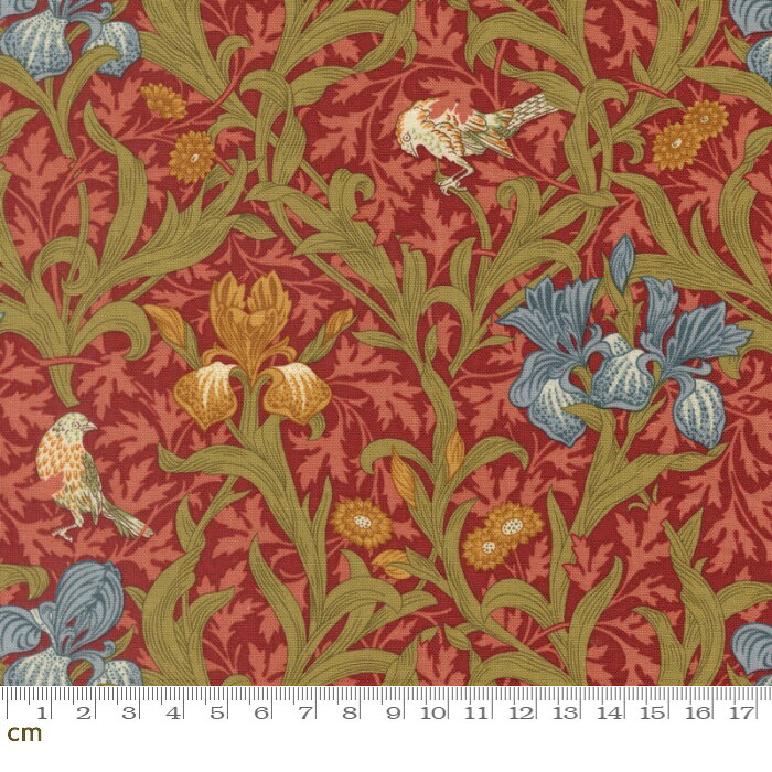 Rakuten - 【Morris モリス】Morris Muse-13380-16(3A-07) moda 花柄 リーフ柄 鳥柄 アイリス アヤメ レッド系 シーチング 110cm幅 パッチワーク ハンドメイド【10cm単位販売】