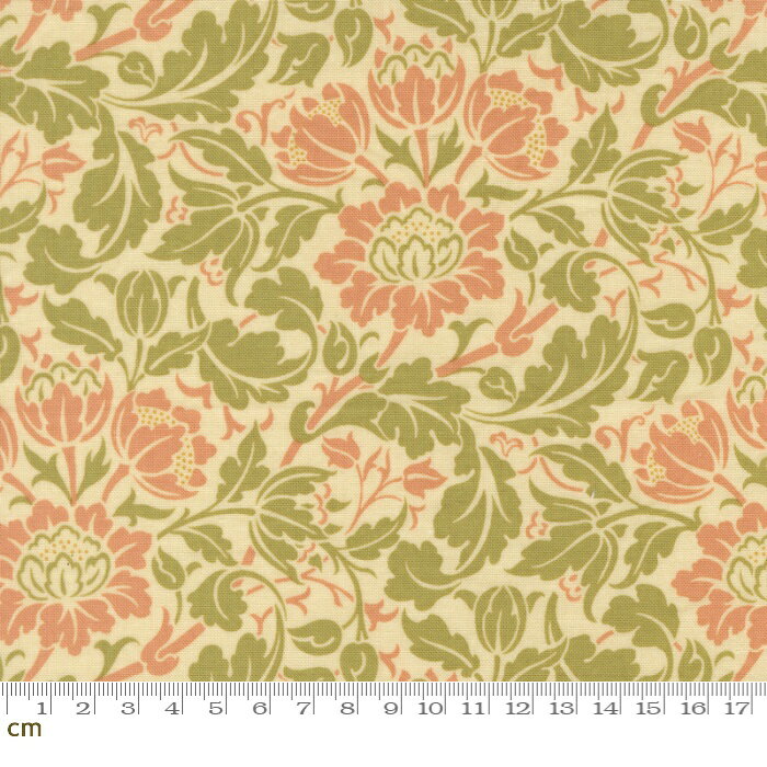 Rakuten - 【Morris モリス】Morris Muse-13384-11(3A-07) moda 花柄 リーフ柄 植物柄 グリーン系 オレンジ系 イエロー系 シーチング 110cm幅 パッチワーク ハンドメイド【10cm単位販売】