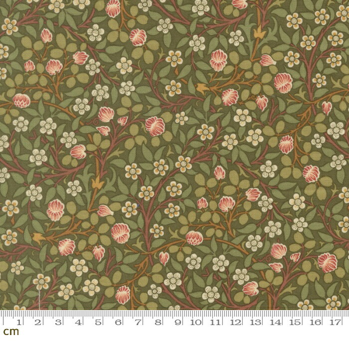 Rakuten - 【Morris モリス】Morris Muse-13385-12(3A-07) moda 花柄 リーフ柄 植物柄 グリーン系 白花 小花 クラシック アンティーク シーチング 110cm幅 パッチワーク ハンドメイド【10cm単位販売】