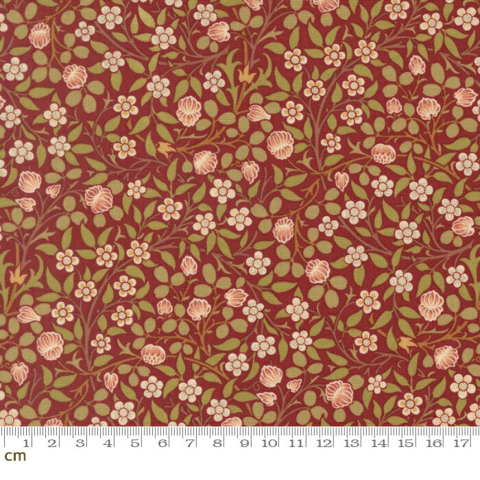 【Morris モリス】Morris Muse-13385-16(3A-07) moda 花柄 リーフ柄 植物柄 グリーン系 レッド系 小花 クラシック アンティーク シーチング 110cm幅 パッチワーク ハンドメイド【10cm単位販売】