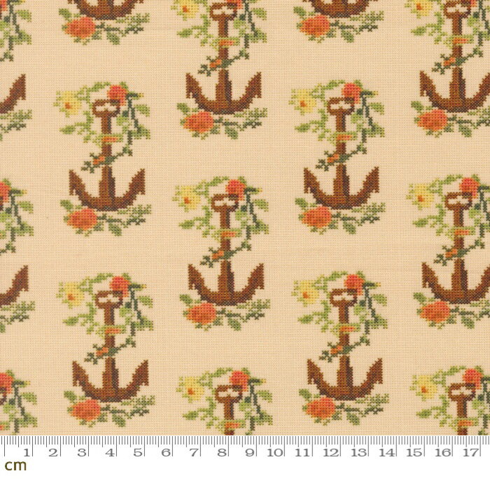 Rakuten - 【Moda-k モダ】Saltwater-39574-11(3B-06) 錨柄 航海 刺繍柄 花柄 ヴィンテージ ベージュ系 ブラウン系 シーチング 110cm幅 パッチワーク ハンドメイド【10cm単位販売】