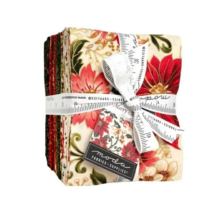Merry Manor Metallic 2025-33860ABM 約45.7cm×55cm(26枚) レッド系 グリーン系 花柄 ポインセチア Xmas クリスマス プレカット カットクロス メタリック加工 コットン100% シーチング 生地サンプル