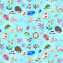 【nora. ノラ】22SU-ST1134(1F-11) スカイブルー 水色 海柄 夏 魚 ハリネズミ 動物柄 亀 サンゴ かわいい コットン100% シーチング 110cm幅【10cm単位販売】