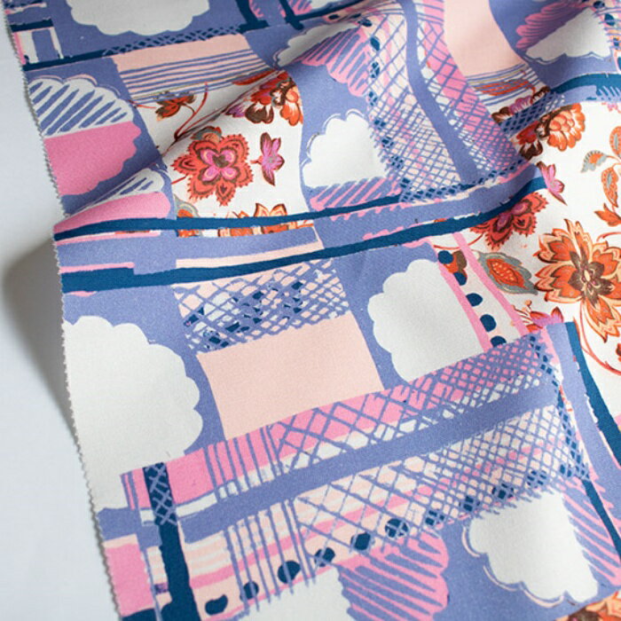 【nora. ノラ】23SU-FR1195-OX(1F-03) 花柄 幾何花柄 コラージュ風 ブルー グリーン ポップ かわいい コラージュ風 コットン100% オックス生地 110cm幅【10cm単位販売】