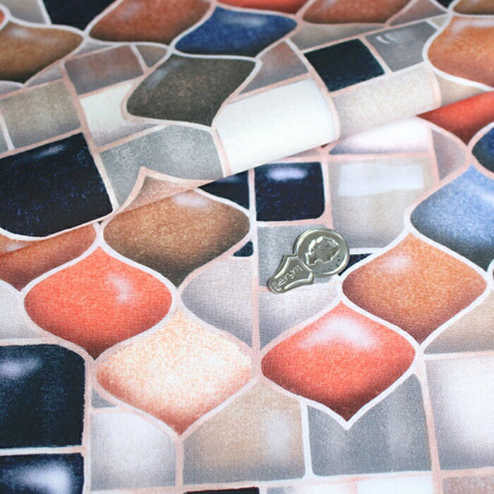 【nora. ノラ】22SU-DC1006(3D) ブラウン タイル 床 幾何学柄 大柄 大きめ柄 コットン100% シーチング 110cm幅【10cm単位販売】