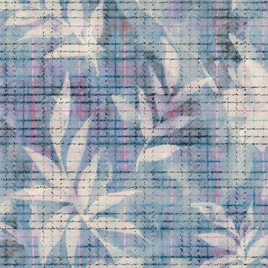 【nora. ノラ】23WI-FR1258-A(1F-04) ボタニカル リーフ 植物柄 チェック柄 モチーフ プリント ニュアンス スカイブルー系 水彩 タッチ シーチング コットン100%【10cm単位販売】