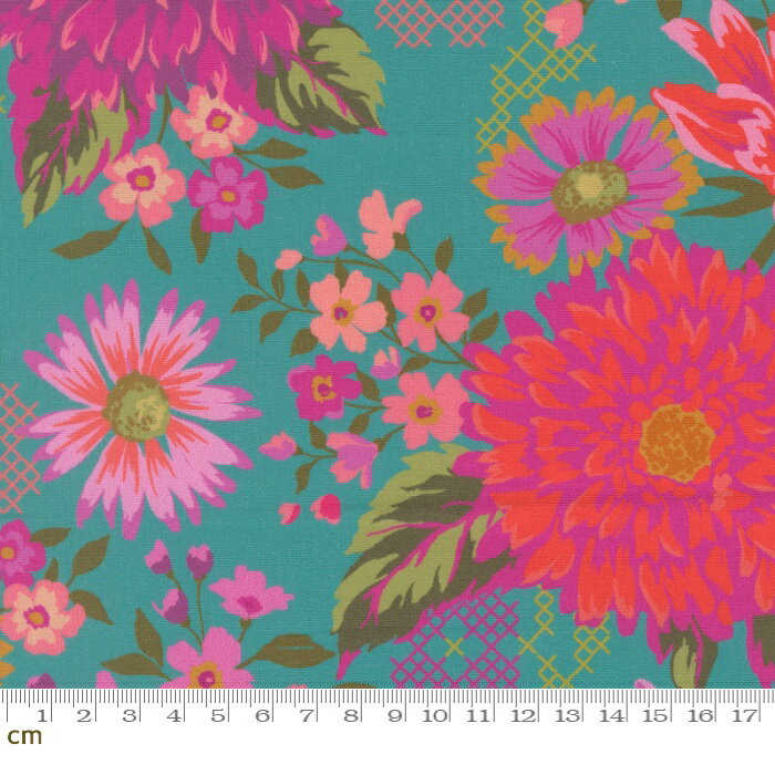 Cotton （Patterned Cloth） - 【Moda-k モダ】Parlor-11960-15(3A-03) 花柄 カラフル グリーン エメラルドグリーン 鮮やか シーチング 110cm幅 パッチワーク ハンドメイド【10cm単位販売】