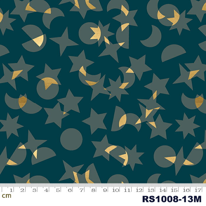 Rakuten - 【Moda モダ】Stellar-RS1008-13M(メタリック加工)(3A-07) ブルー系 グリーン系 メタリック加工 ゴールド 月柄 星柄 記号柄 コットン100％ シーチング【10cm単位販売】