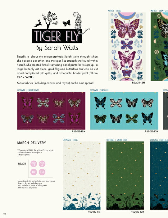 【Moda モダ】Tiger Fly-パネル(1P 60cm)-RS2011-13M(メタリック加工)(2D-01)(2C-06) ホワイト グリーン系 水色 ゴールド 昆虫柄 植物柄 蝶 コットン100％ シーチング