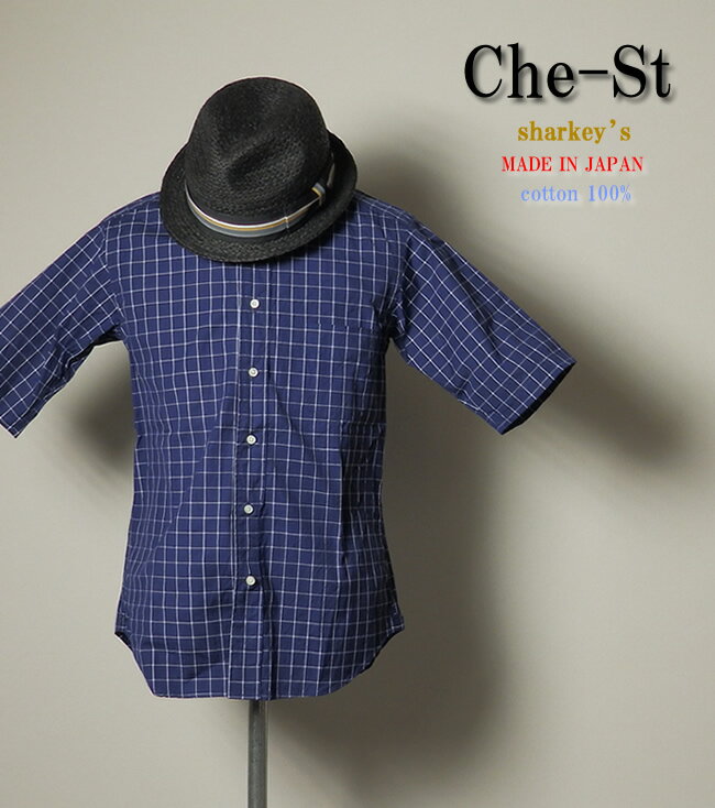 Che-St チェスト sharkey’s Mサイズ ワイシャツ/半袖シャツ ウィンドペン柄/アイビーシャツ ネイビー系 日本製 カジュアル