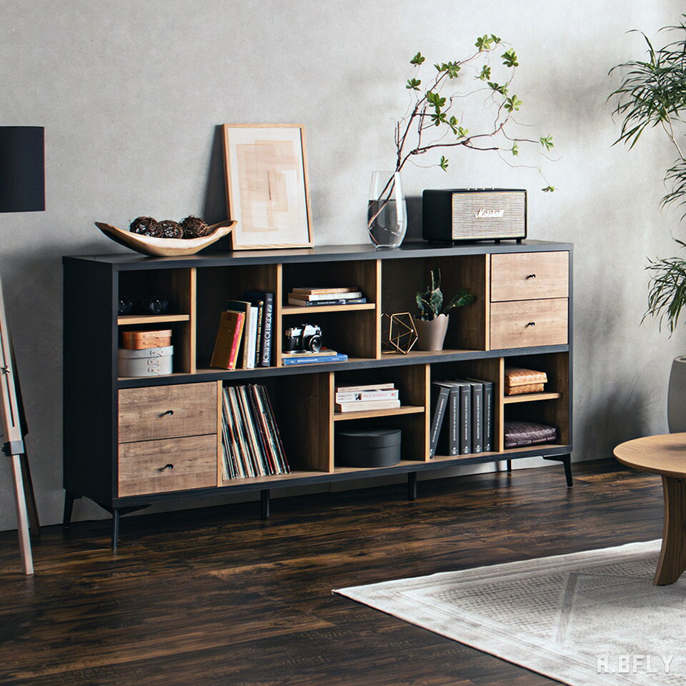 Rakuten - 【日本製 / 完成品】ローシェルフ キャビネット 幅180cm 収納棚 4杯引き出し 可動棚 オープンラック サイドボード リビング収納 レコード収納 本棚 飾り棚 ディスプレイラック 木目 ブラック スチール脚 ラバーウッド ヴィンテージ モダン 北欧 おしゃれ 国産【大型商品】