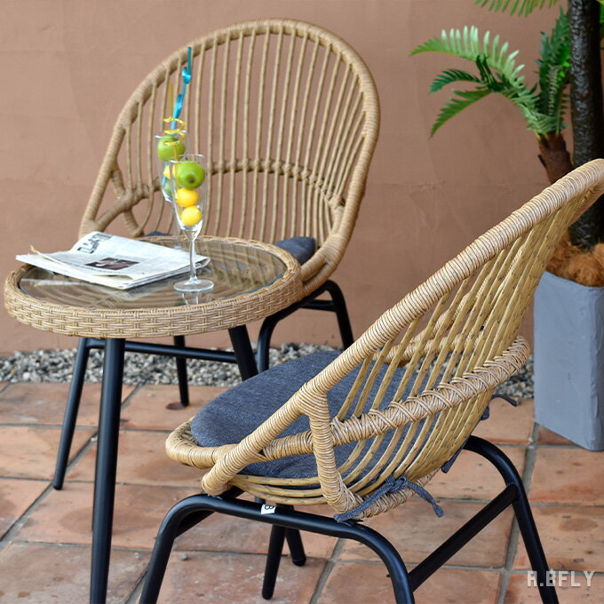 3点セット リゾートチェア 二脚 テーブル イス 椅子 いす リゾートテーブル サイドテーブル ガラステーブル ラウンジ ダイニング バルコニー 庭 屋外 アウトドア Peラタン ポリエチレン