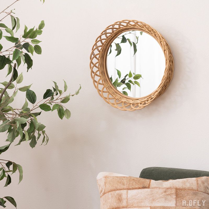 ミラー 鏡 壁掛け ラタンミラー 籐 ラタン 天然素材 手編み ハンドメイド ラウンドミラー ナチュラル アジアンテイスト リゾート エレガント 北欧 お洒落 ウォールミラー 円型 円形 可愛い[LF]