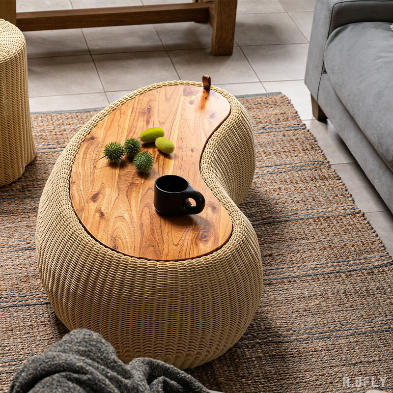 樂天商城 - 【最大6,000円クーポン配布中】リビングテーブル センターテーブル ローテーブル テーブル 収納付き ビーンズ型 豆型 PPラタン 人口ラタン 木製天板 マホガニー材 天然木 リゾート テラス ホテルライク 北欧 ナチュラル モダン 屋外 お手入れ簡単 軽量 完成品