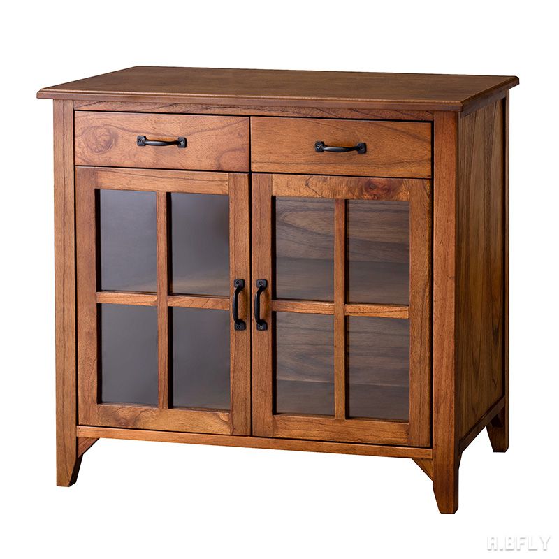 キャビネット ガラス扉 引き出し 収納 天然木 木目 強化ガラス カントリー家具 北欧テイスト アンティーク調 クラシカル インテリア お洒落 ブラウン ヴィンテージ ビンテージ コンソール 食器棚 キッチン収納 台所収納 [2]