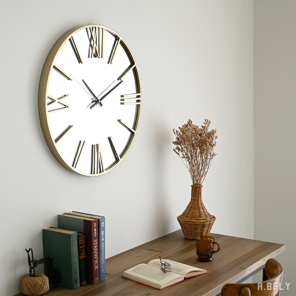 樂天商城 - 【最大6,000円クーポン配布中】掛け時計 壁掛け時計 ウォールクロック ミラー 60cm アンティーク アイアン ローマ数字 ゴールド 鏡 スチール クラシック シャビー フレンチ リビング 玄関 カフェ おしゃれ