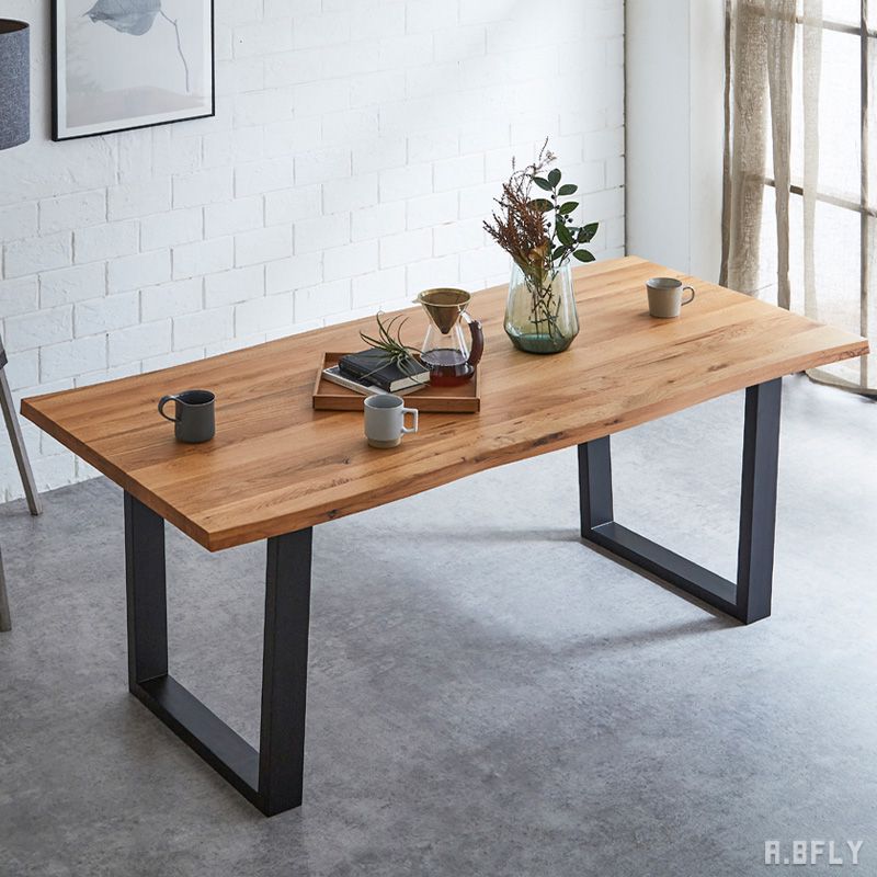 樂天商城 - 一枚板調 ダイニングテーブル 幅160cm 幅180cm 4人用～6人用 食卓 ダイニング テーブル 長方形 作業台 テーブル単品 飲食店 カフェ 黒スチール脚 西海岸 ブルックリン アメリカン カフェスタイル オーク材 天然木 耳付き 無垢集成材