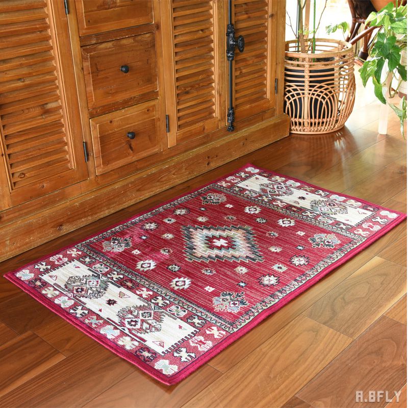 樂天商城 - 【ベルギー製】ペルシャ絨毯 モケット織 キリム柄 伝統柄 ネイビー ベージュ ラグ カーペット ラグ 絨毯 じゅうたん 敷物 玄関マット 北欧 アンティーク リビング キッチン ダイニング デスク下 新生活 長方形 ナチュラル 優しい肌触り すべり止め加工 幾何学 西海岸テイスト