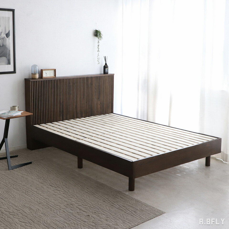 樂天商城 - ベッドフレーム すのこベッド 棚付き オーク突板 ラバーウッド無垢 縦格子ヘッドボード シングル セミダブル ダブル 宮付き 木製ベッド ウレタン塗装 北欧 ナチュラル ブラウン【UP TOWN FURNITURE】【大型商品】