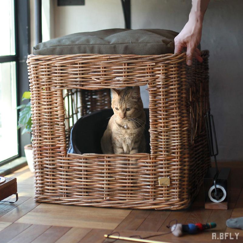 【BF限定 最大6,000円OFFクーポン】トイレカバー トイレをお洒落に隠す ねこ ベッド cat ラタン 籐 自然素材 クッション付き ネコ 猫専用 長方形...