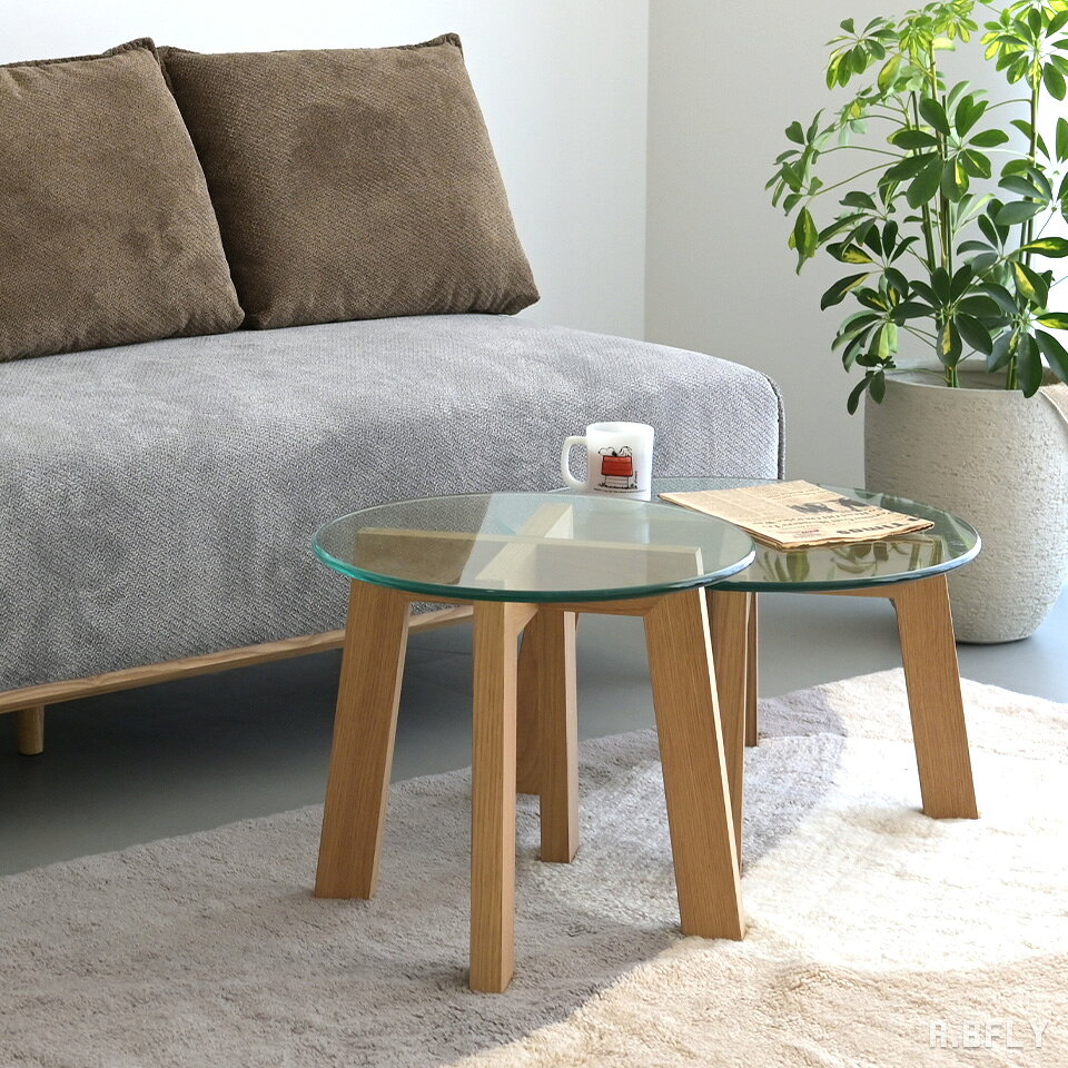 樂天商城 - 【最大6,000円クーポン配布中】ネストテーブル ガラステーブル 丸 2サイズ セット 55cm 45cm ラウンド センターテーブル ローテーブル 強化ガラス 飛散防止フィルム オーク突板 MDF 木製脚 アジャスター付き ナチュラル モダン 北欧