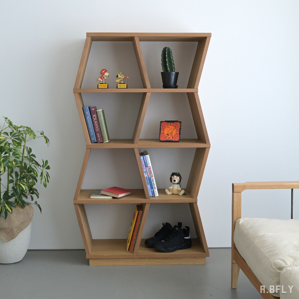 樂天商城 - シェルフ オープンラック 本棚 完成品 4段 88cm 150cm ディスプレイラック 飾り棚 収納棚 間仕切り 背面化粧 ジグザグ 台形 幾何学 木製 オーク突板 ナチュラル 北欧 モダン リビング収納 大型収納 おしゃれ【大型商品】