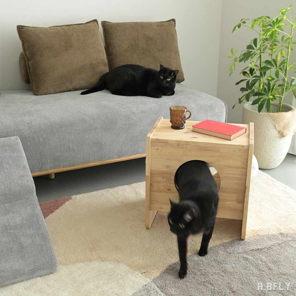 サイドテーブル 猫用 キャットボックス 透明ボウル付き 木製 ラバーウッド 多機能 収納兼ハウス 2台重..