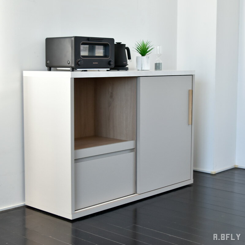 Rakuten - 【日本製】キッチンカウンター 120 レンジ台 食器棚 キッチンボード カップボード キャビネット 扉 収納 引き出し 引出 棚 作業台 キッチン収納 大容量 ラック リビング収納 グレー グレージュ かわいい おしゃれ 北欧 完成品【大型商品】