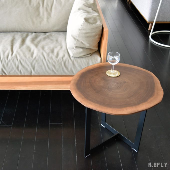 【エントリーでポイント最大12倍】サイドテーブル 丸太テーブル ウォールナット材 木製 天然木 ナイトテーブル リビングテーブル ラウンドテーブル 円形 ソファテーブル スチール脚 ミッドセンチュリーモダン 西海岸 カフェ インダストリアル 男前インテリア 北欧