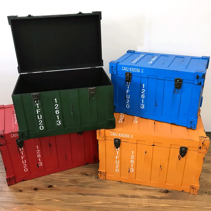 トランクケース トランク 収納ボックス 木箱 コンテナ型 コンテナ型ボックス おもちゃ箱 収納家具 アメリカン ファクトリー カフェ 男前インテリア 西海岸 アンティーク カラフル ヴィンテージ加工 インダストリアル 木製