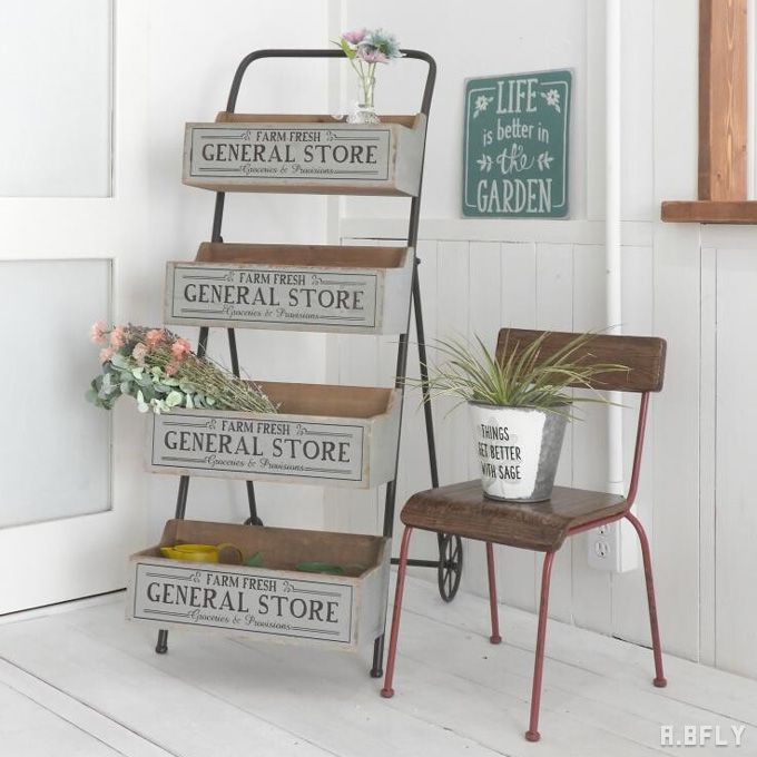 樂天商城 - フラワースタンド カート ボックススタンド 木箱 アンティーク ヴィンテージ加工 レトロ ショップ ディスプレイ 鉢 鉢置き プランター エクステリア ガーデニング グリーン フラワーアレンジメント デザイン お洒落 玄関前 園芸ラック