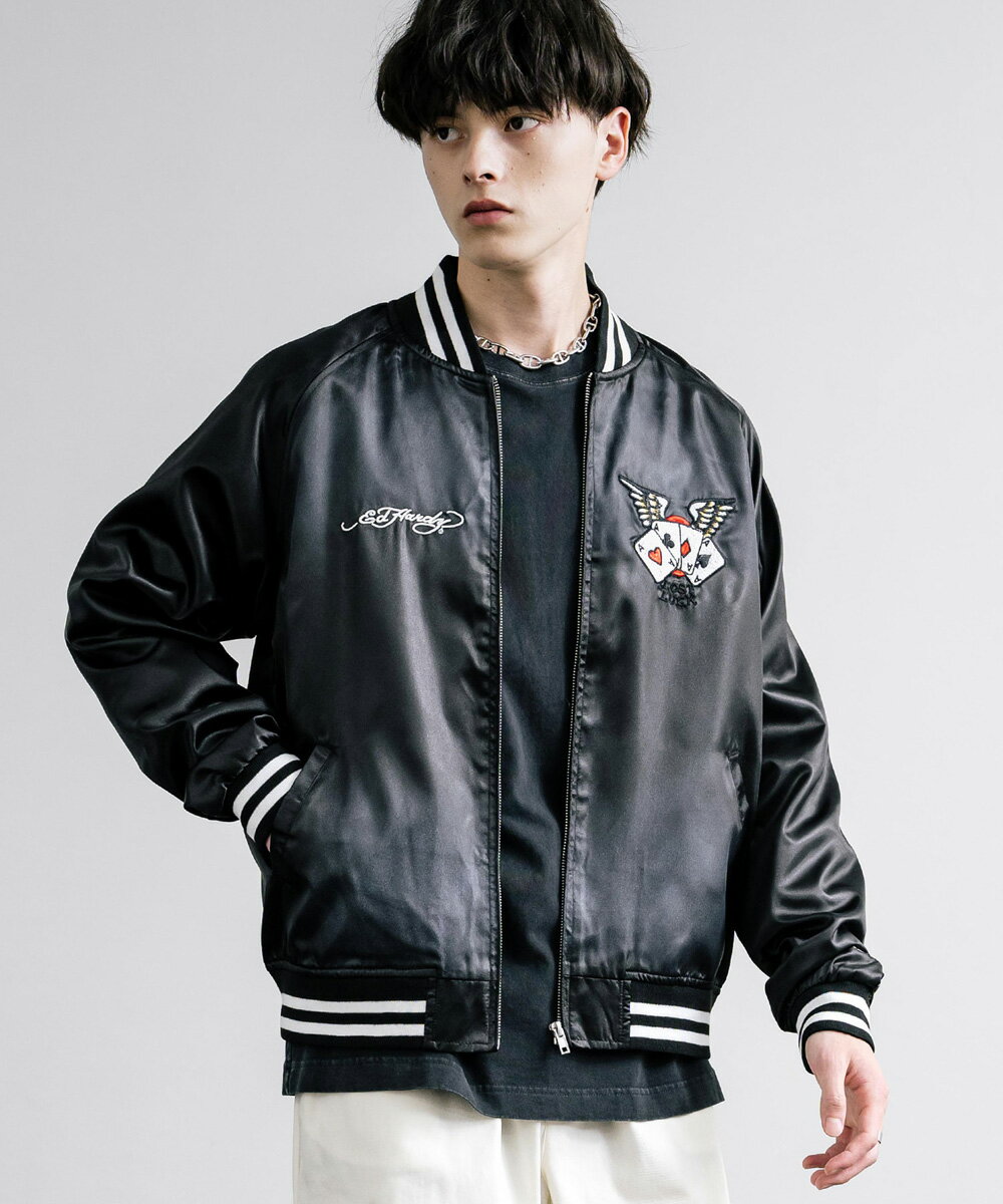 スカジャン 刺繍 ライトアウター メンズ レディース ブルゾン ライン リラックス カジュアル 古着 アメカジ ヴィンテージライク ストリート ペア お揃い プレゼント 春 秋 トランプ ワシ 国旗 Ed Hardy エドハーディー 14099