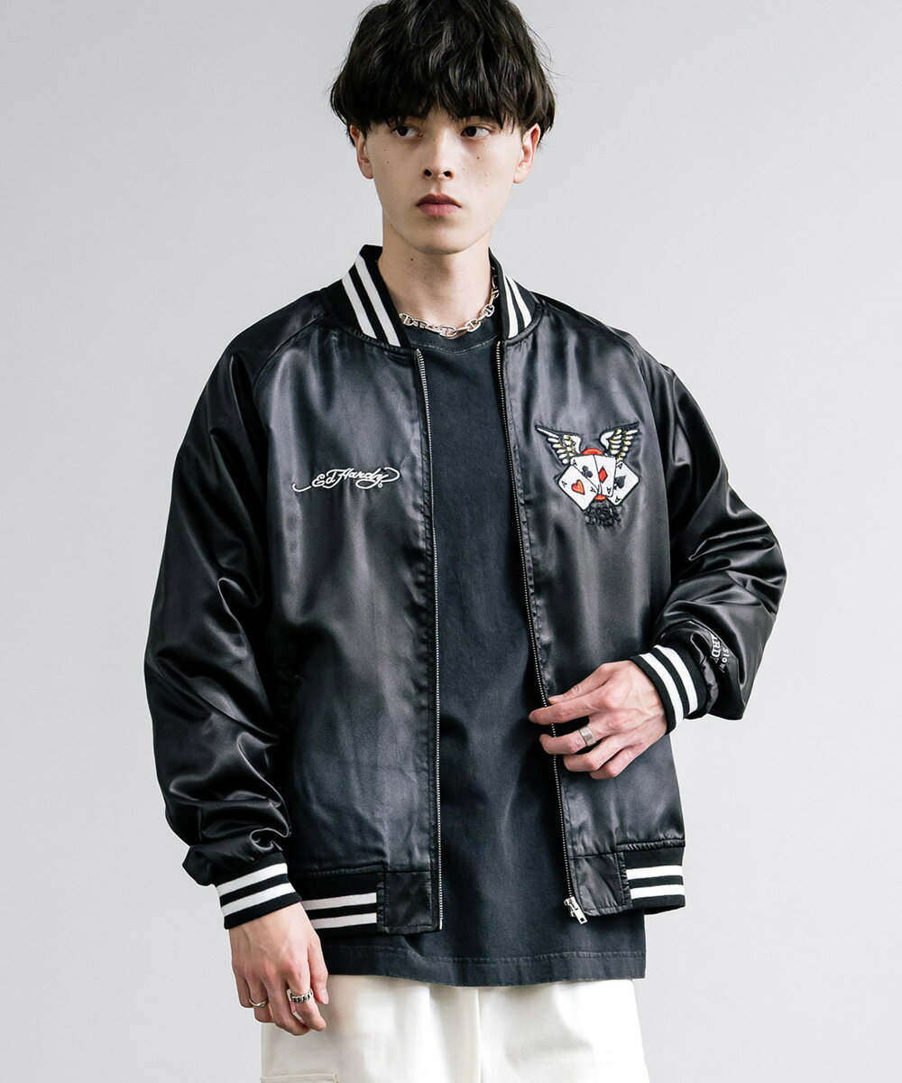 スカジャン 刺繍 ライトアウター メンズ レディース ブルゾン ライン リラックス カジュアル 古着 アメカジ ヴィンテージライク ストリート ペア お揃い プレゼント 春 秋 トランプ ワシ 国旗 Ed Hardy エドハーディー 14099