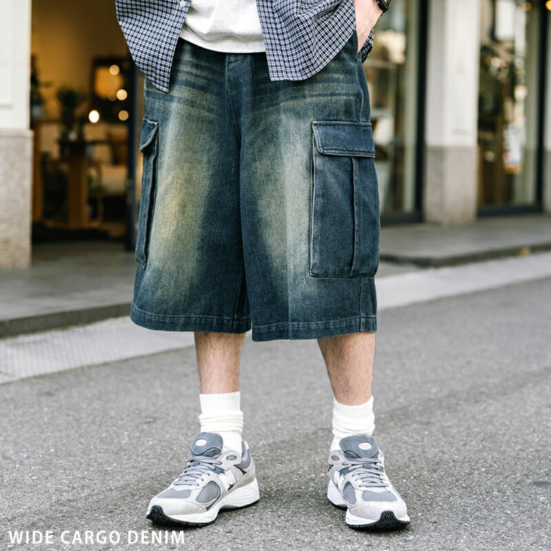 Cotton Pants - カーゴパンツ デニム ハーフ メンズ レディース ショート ワイド ジーパン ジーンズ 短パン 膝下 半パン ケミカルウォッシュ オーバーダイ リラックス 極太 ゆったり ゆるパン ルーズ ヴィンテージ ヒゲ ブラスト カジュアル ストリート 韓国 シンプル ワーク 15733