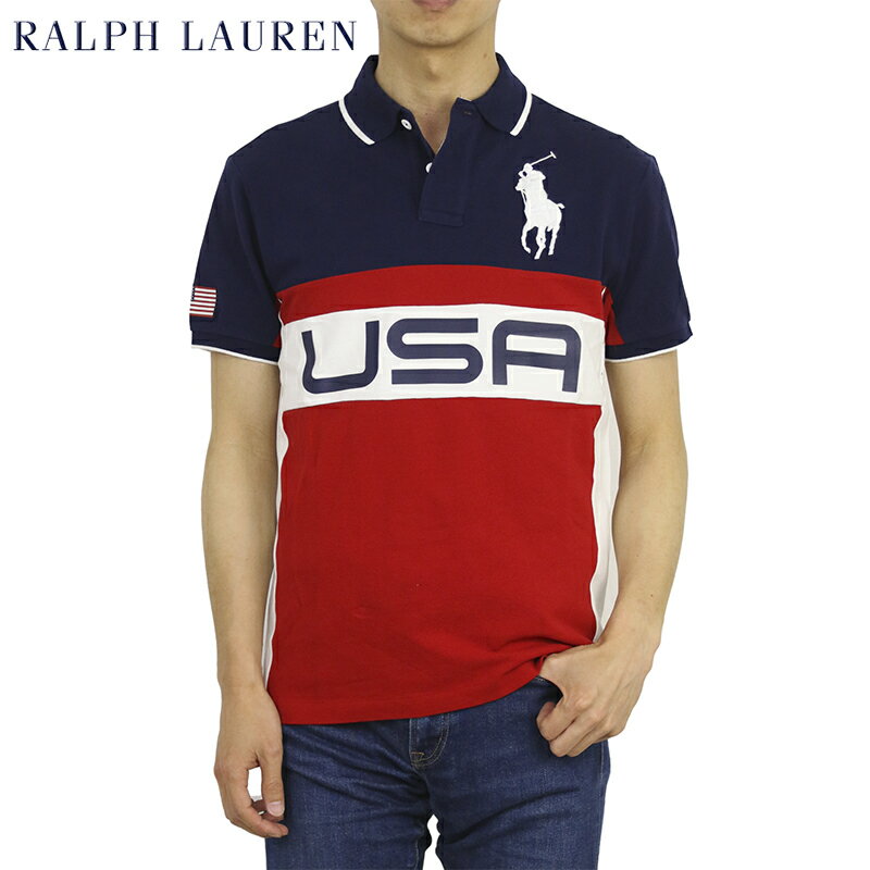 ラルフローレン ポロ ラルフローレン カスタムスリムフィット 鹿の子 ポロシャツ アメリカ国旗 ビッグポニー刺繍 POLO Ralph Lauren Men's CUSTOM SLIM FIT USA Polo Shirt US