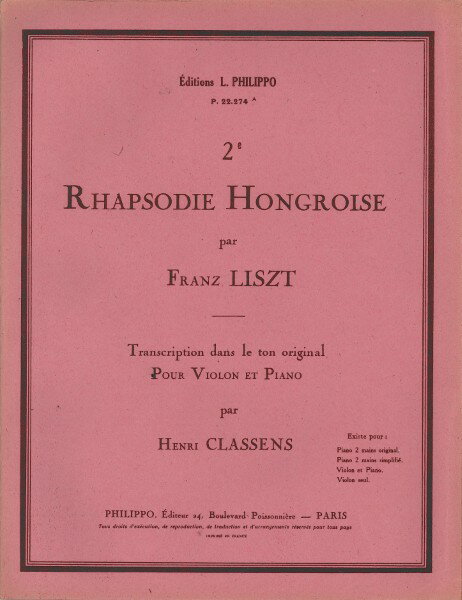 楽譜 輸入 バイオリンソロ ハンガリー狂詩曲 第2番 （Violin ＆ Piano） Rhapsody Hongroise No. 2 /Franz Liszt