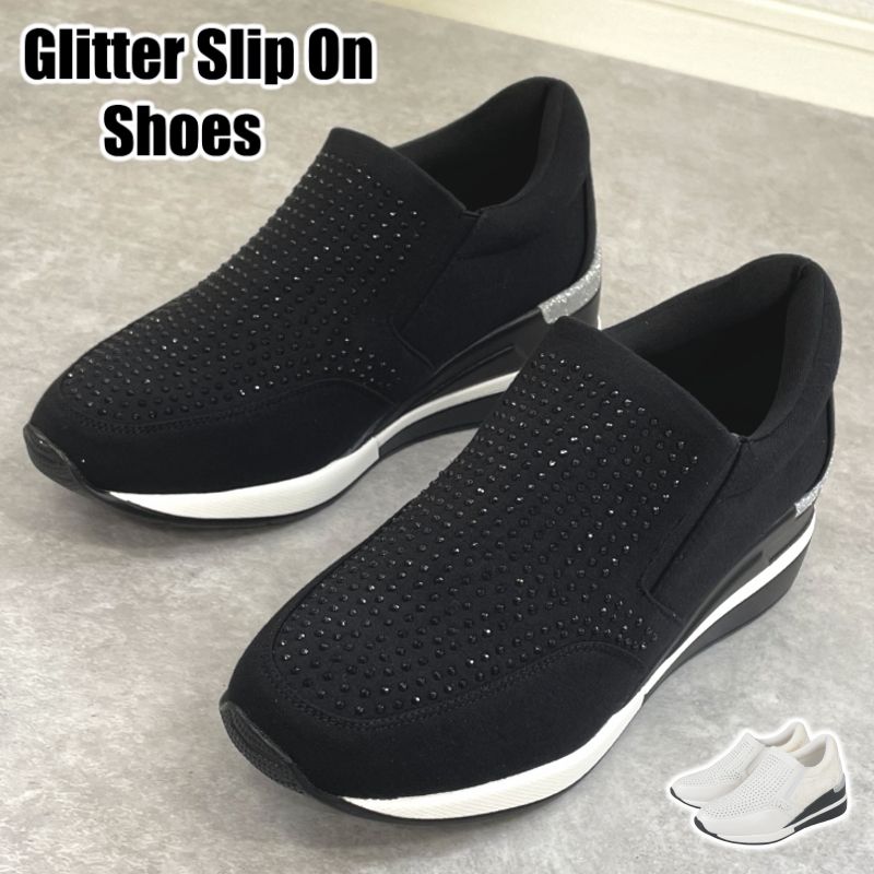 厚底 美脚 スリッポン シューズ スニーカー レディース 7cm ヒール 厚底 ビジュー スタッズ 黒 ブラック ホワイト 白 靴 30代 40代 50代 プラットフォーム ゴージャス セレブ sm301