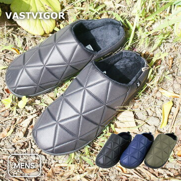 サボ サンダル メンズ ダウン あったか 柄 ローヒール ぺたんこ フラット 軽い 軽量 黒 ブラック VASTVIGOR アウトドア キャンプ 男性 秋 冬 msmds3252