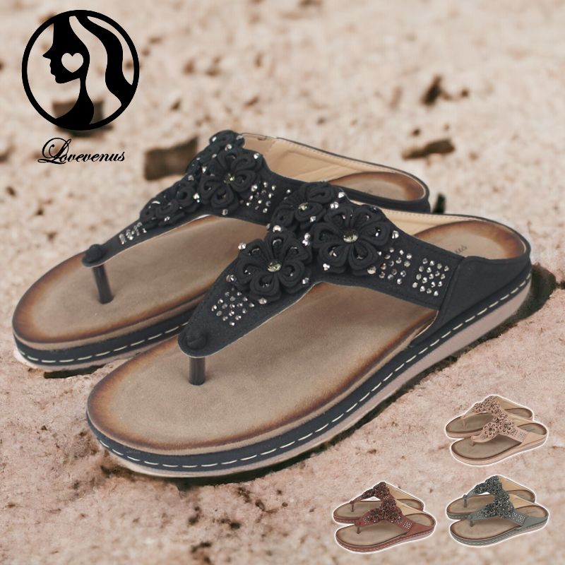 サンダル レディース トングサンダル フラット ペタンコ ローヒール クッション 中敷き インソール コンフォート ビジュー ブラック 黒 旅行 レジャー 歩きやすい 夏 ラヴヴィーナス Love venus tk17491
