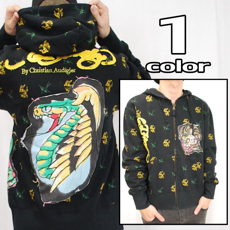 ED HARDY(エドハーディー)L/Sプリントスウェットジップパーカー/総柄