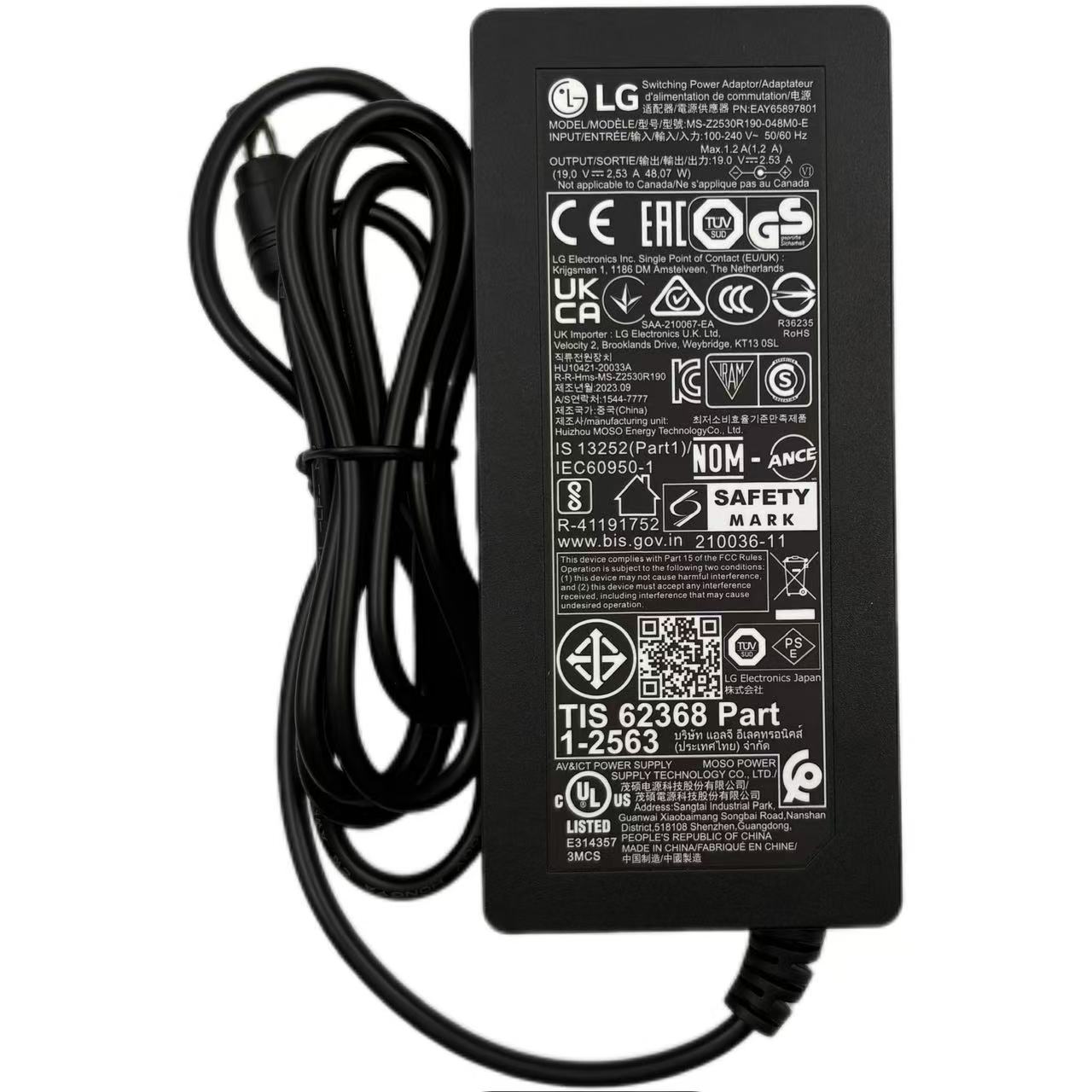 【PSE認証済み】純正新品 LG ゲーミング モニター 19V 2.53A 48W用ACアダプターEAY65897801 MS-Z2530R190-048M0-E DA-48F19 LCAP35 LCAP45 電源ケーブル付属 34WP60C-B 32MB25VQ 32LF5800等用