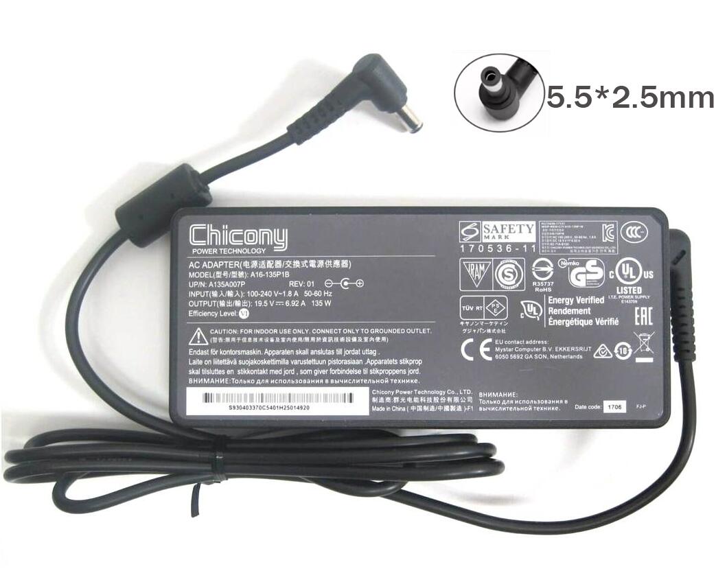 【PSE認証済み】純正新品 Chicony MSIなど用 A16-135P1B ACアダプター 135W 19.5V 6.92A DCコネクタ：外径5.5mmセンターピン有り 電源ケーブル付属