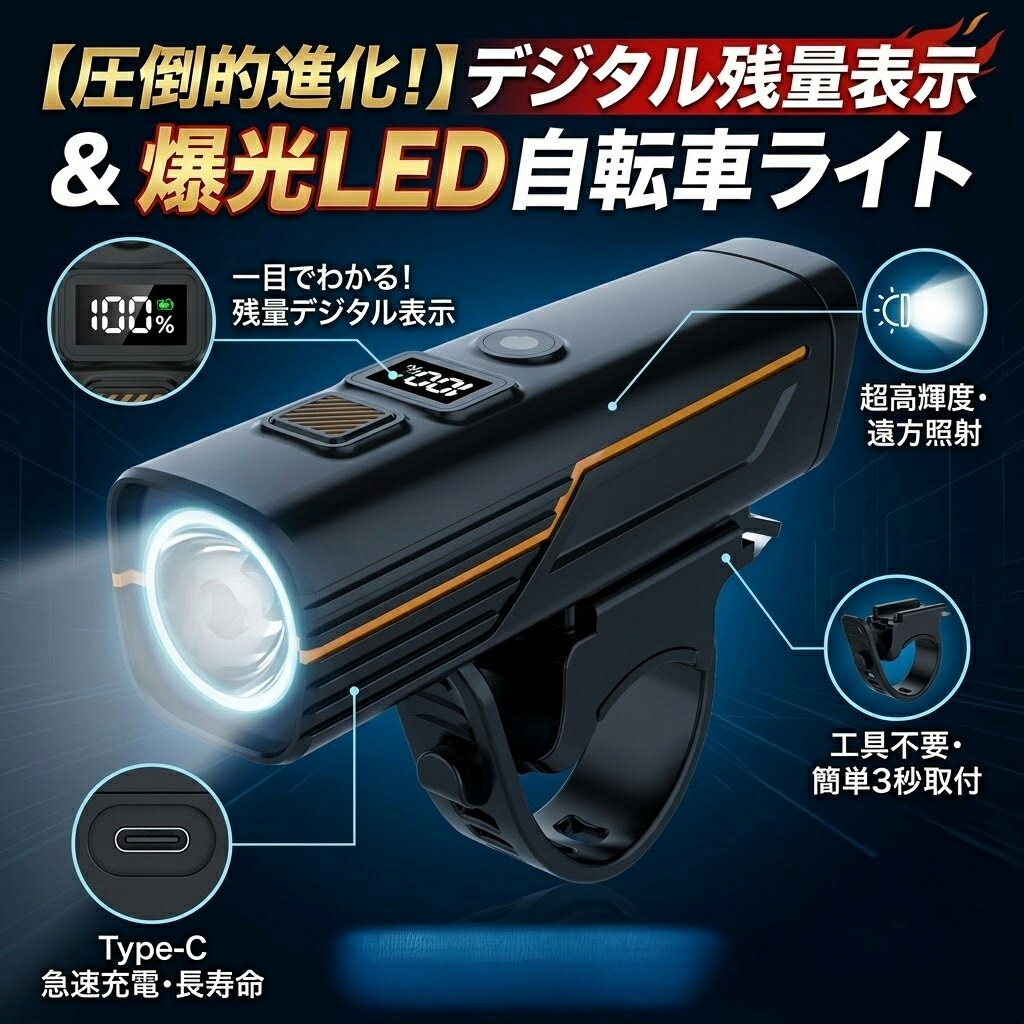 自転車 ライト 防水 懐中電灯兼用 Type-C充電 USB-C 充電式 光センサー搭載…