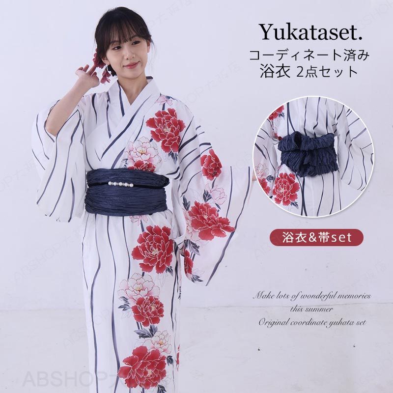 ABSHOP大阪店の浴衣 セット レディース ゆかた 2点セット レディース浴衣 兵児帯 女性 yukata ゆかた ユカタ 帯 しわ兵児帯 おしゃれ レトロ 古典 古典柄 大人柄 祭り 花火 女性ゆかた 夏着物 フリーサイズ｜アングル2