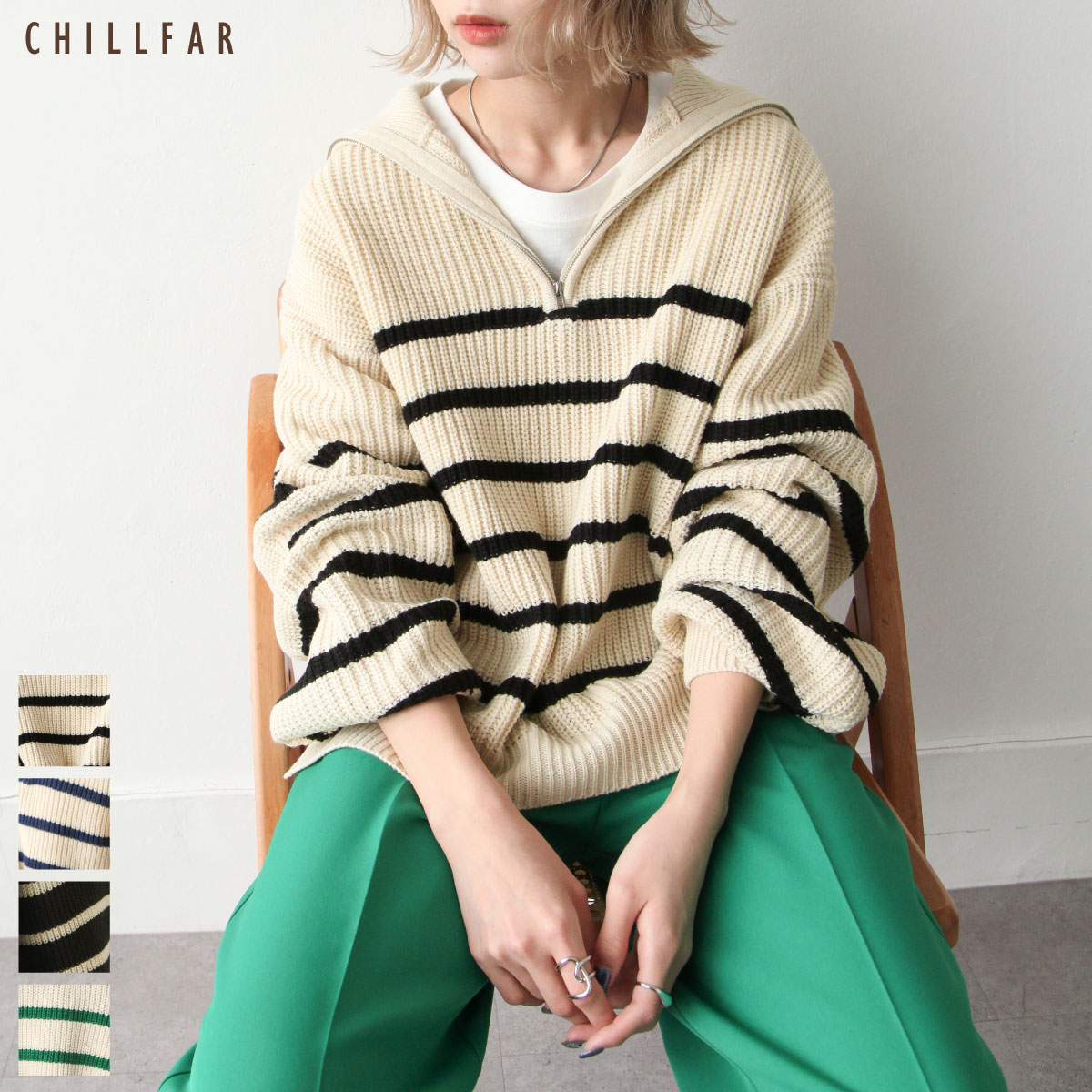 ニット レディース セーター ハーフジップ ハーフジップニット ボーダー 長袖 Chillfar チルファー 大きいサイズ かわいい きれいめ 防寒 冬 冬物 冬服(22ss-ch017)のサムネイル
